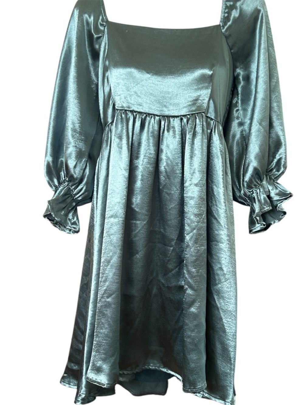 entro Metallic Sage Green Satin Puff-Sleeve Dress